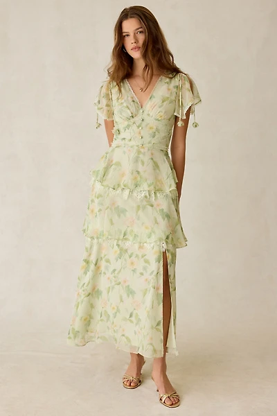 En Saison Paloma Chiffon Lace Trim Tiered Maxi Dress