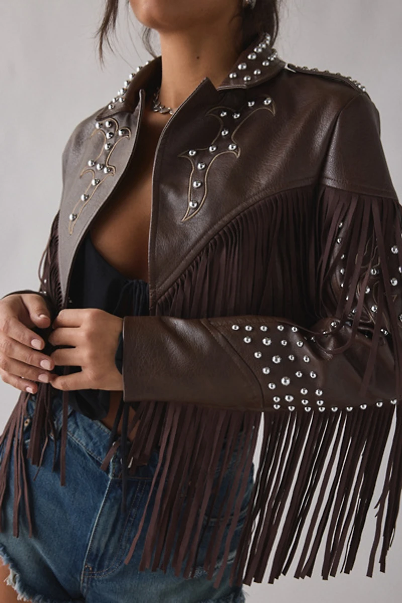 Azalea Wang Reece Studded Fringe Faux Leather Jacket