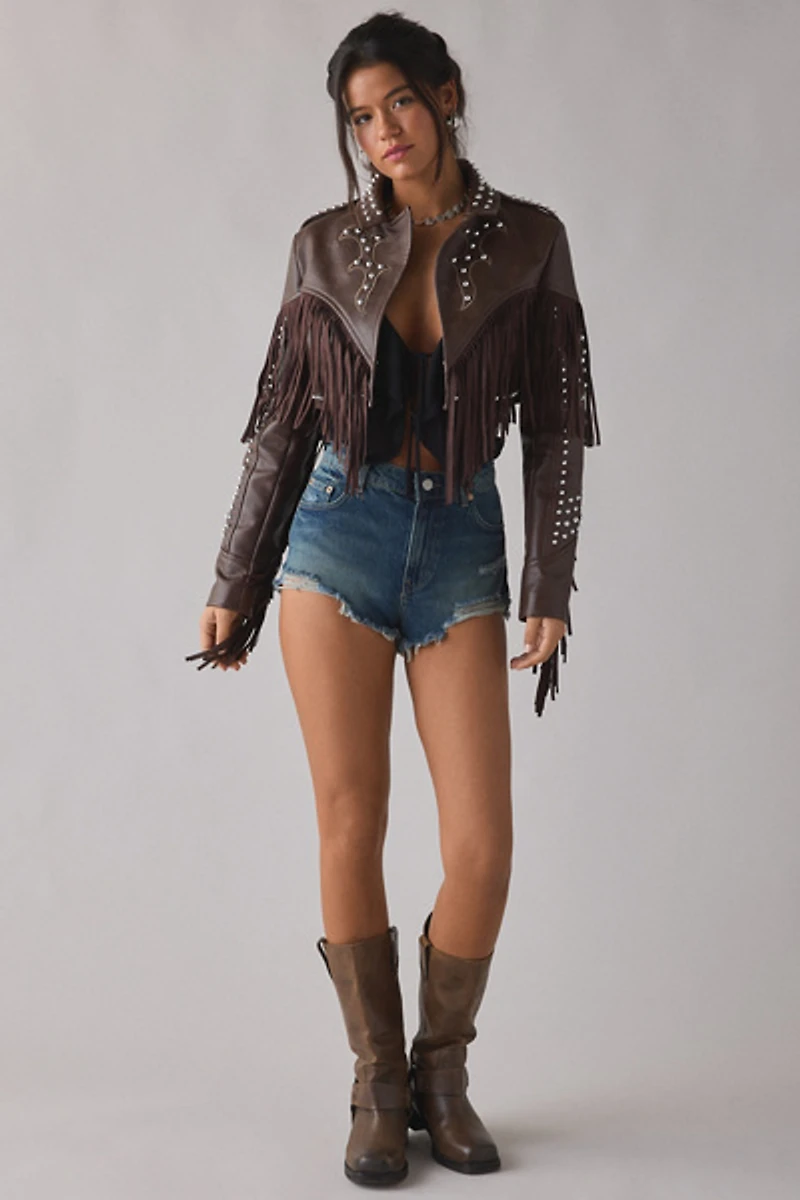 Azalea Wang Reece Studded Fringe Faux Leather Jacket