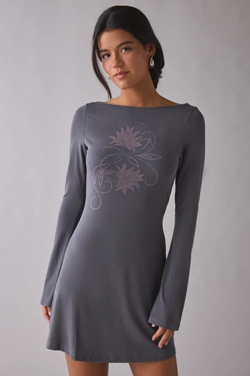 Motel Selvia Diamante Floral Long Sleeve Mini Dress