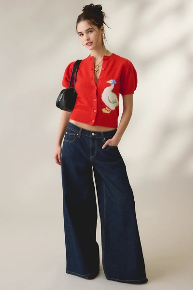 Kimchi Blue Kate Goose Motif Puff Short Sleeve Cardigan