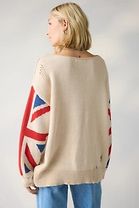 BDG Graphic Distressed Cotton Blend Oversized Boatneck Sweater