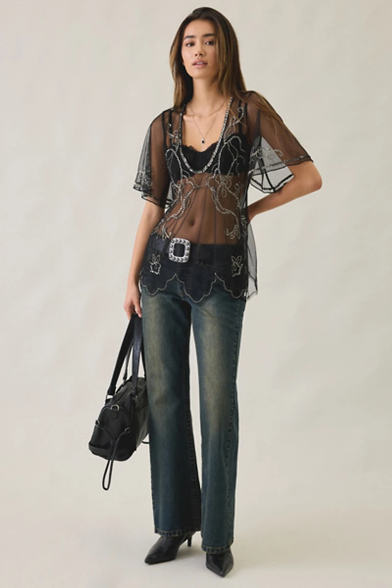 UO Ioni Sheer Mesh Beaded Tunic Top