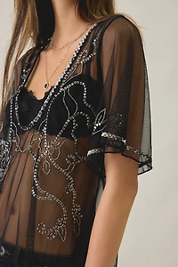 UO Ioni Sheer Mesh Beaded Tunic Top