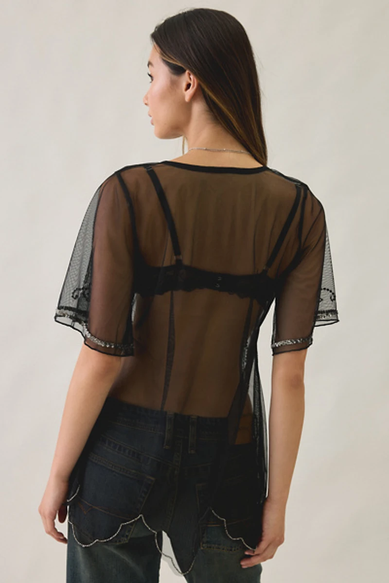 UO Ioni Sheer Mesh Beaded Tunic Top