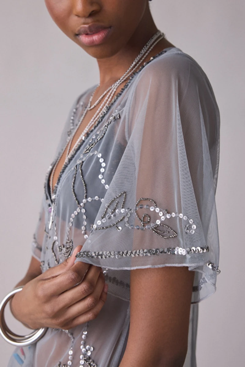 UO Ioni Sheer Mesh Beaded Tunic Top