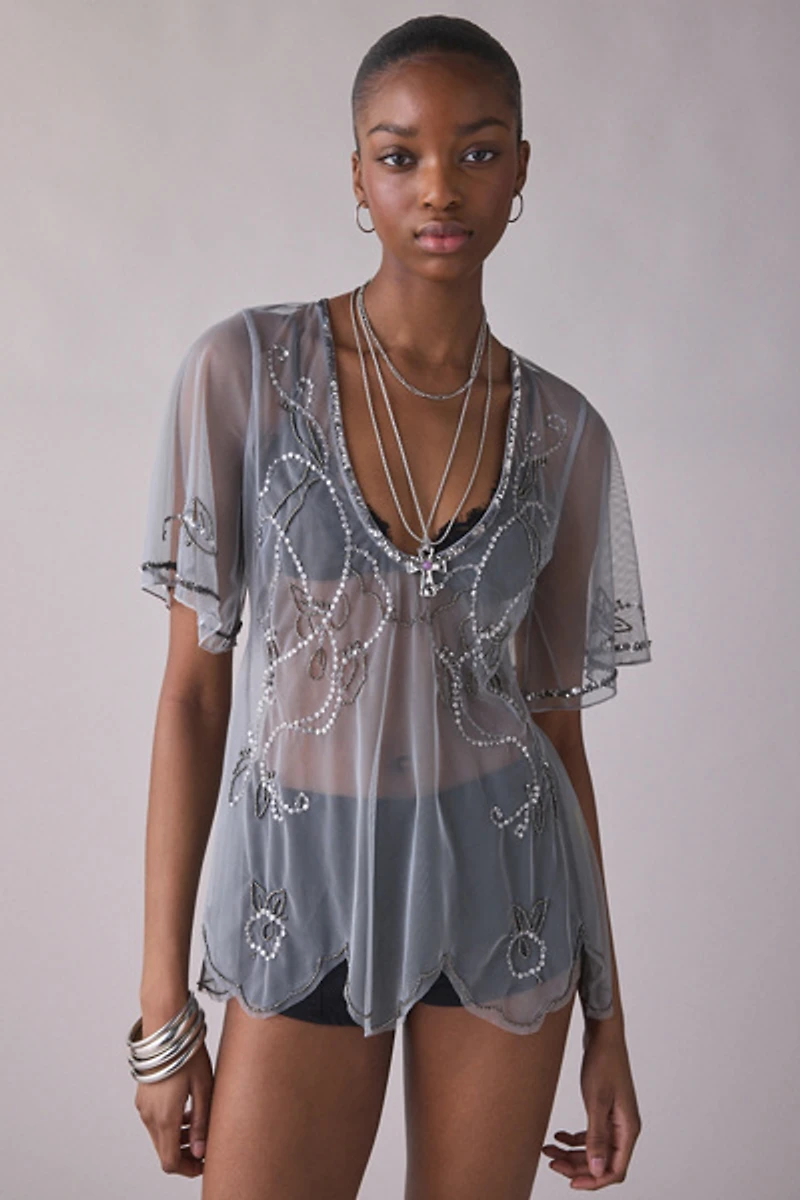 UO Ioni Sheer Mesh Beaded Tunic Top