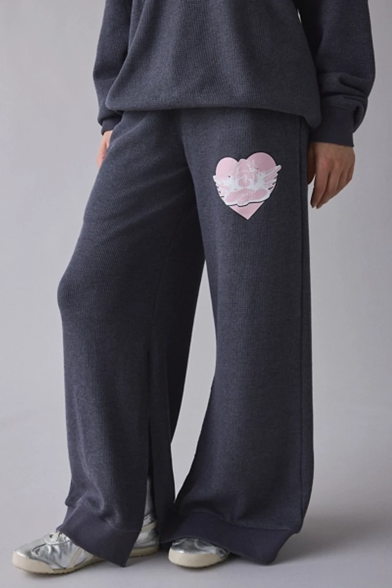 Boys Lie MM Read Receipts Graphic Charcoal Waffle Knit Wide Leg Pant