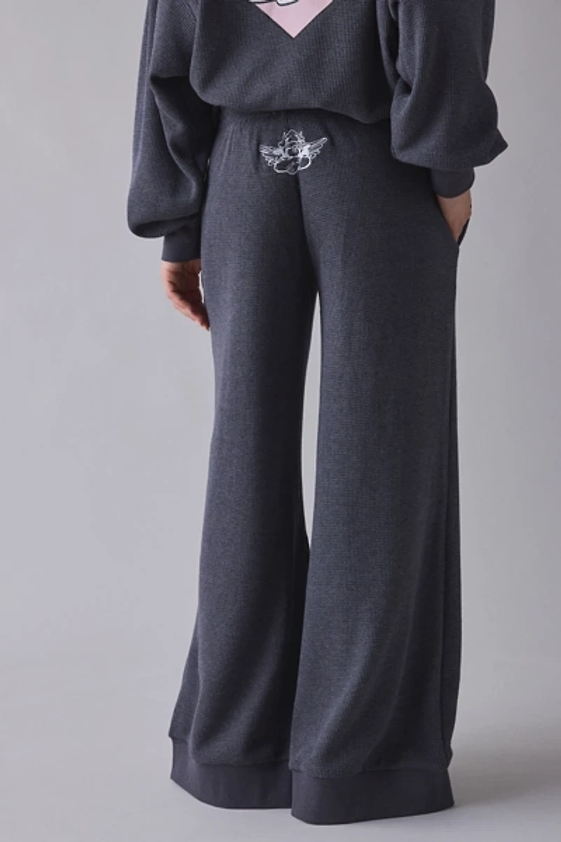 Boys Lie MM Read Receipts Graphic Charcoal Waffle Knit Wide Leg Pant