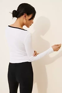 Glamorous Contrast Stitch Pointelle Long Sleeve Top