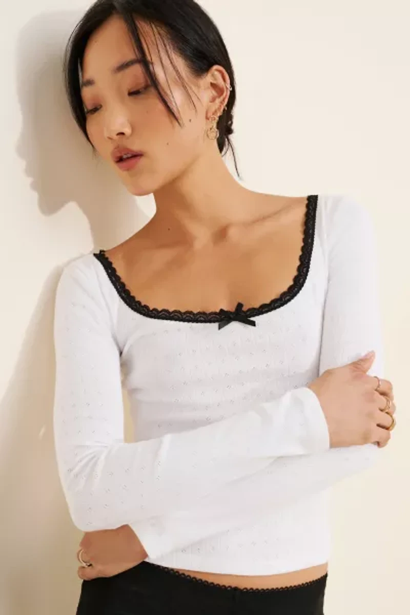 Glamorous Contrast Stitch Pointelle Long Sleeve Top
