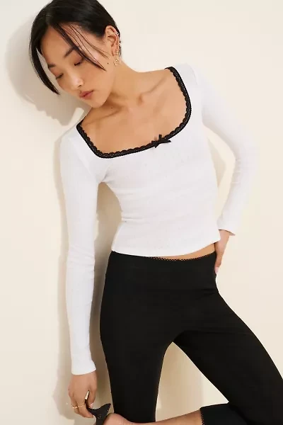 Glamorous Contrast Stitch Pointelle Long Sleeve Top