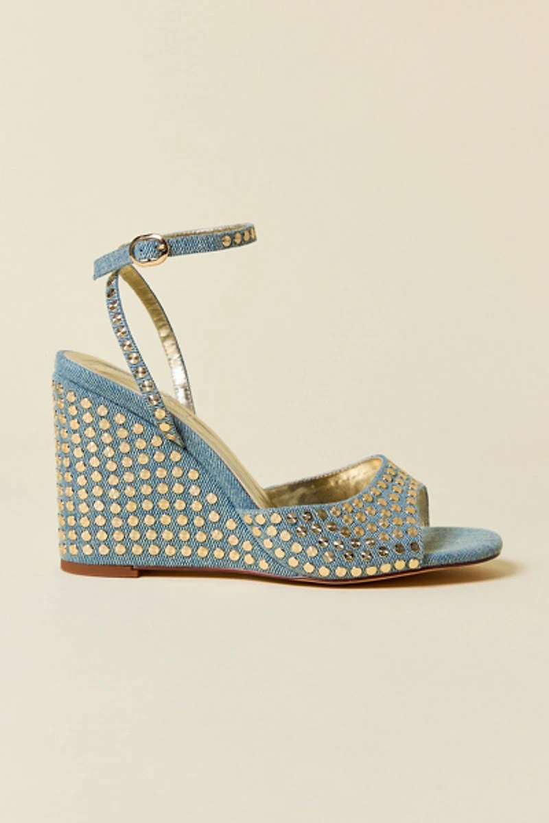 Azalea Wang Matteus Studded Denim Wedge Sandals