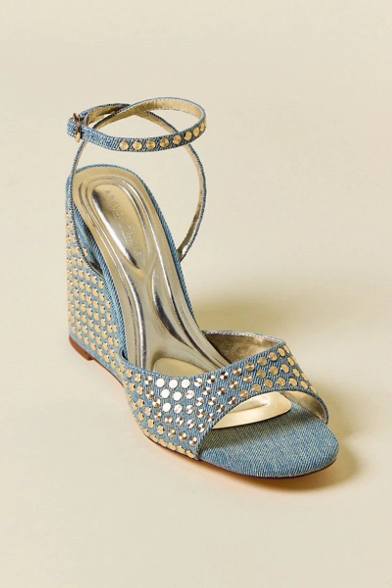 Azalea Wang Matteus Studded Denim Wedge Sandals