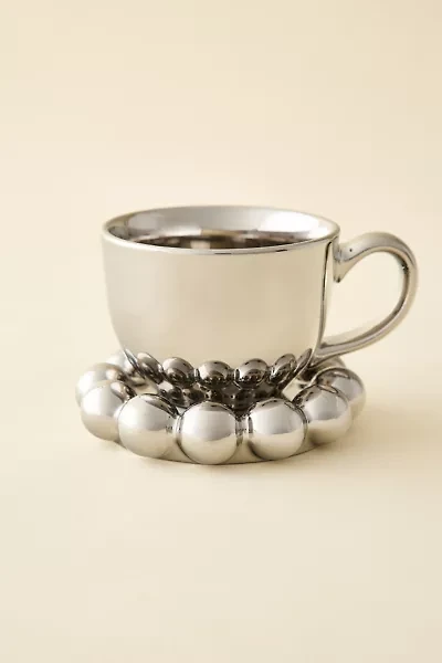 Chrome Ceramic Mug & Ball Edge Saucer Set