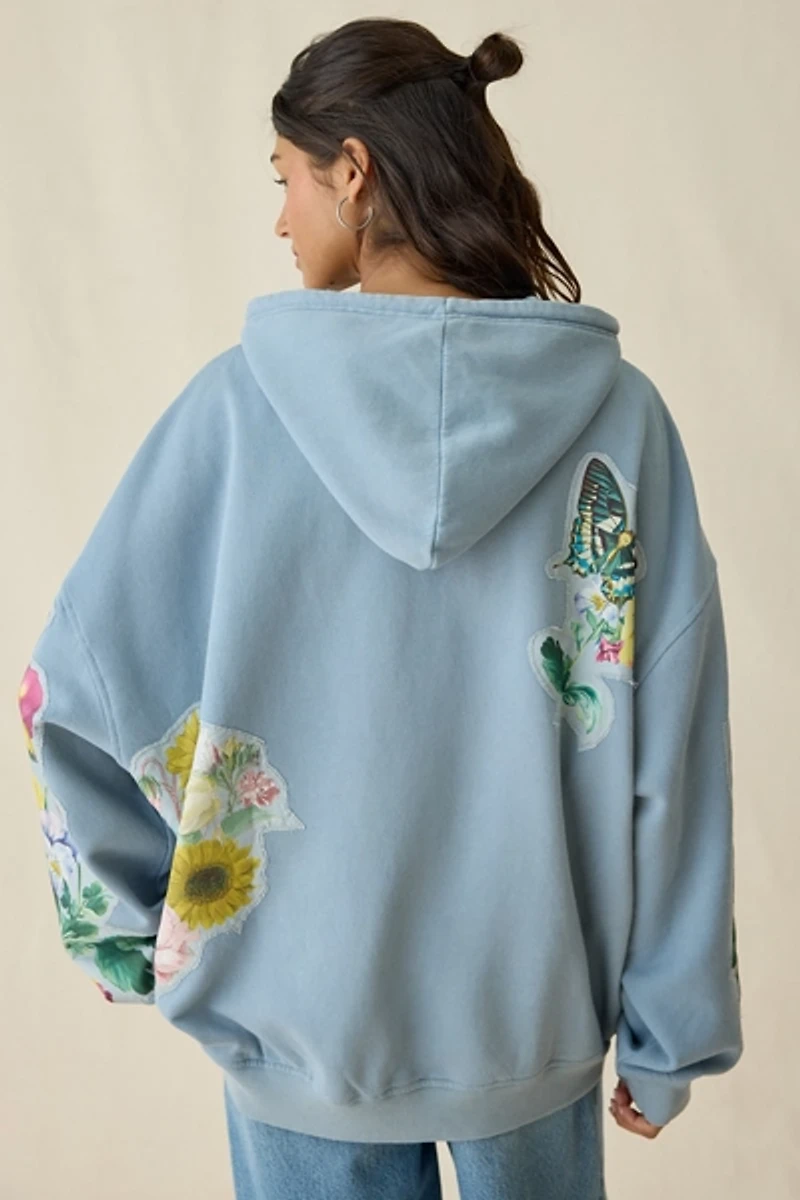 BDG Dusty Blooming Butterflies Patchwork Graphic Oversized Zip-Up Hoodie Sweatshirt
