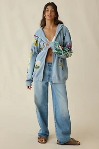 BDG Dusty Blooming Butterflies Patchwork Graphic Oversized Zip-Up Hoodie Sweatshirt