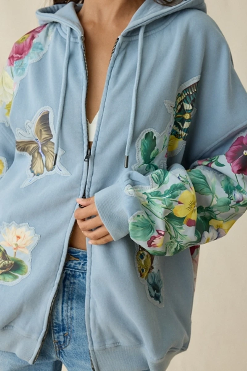 BDG Dusty Blooming Butterflies Patchwork Graphic Oversized Zip-Up Hoodie Sweatshirt