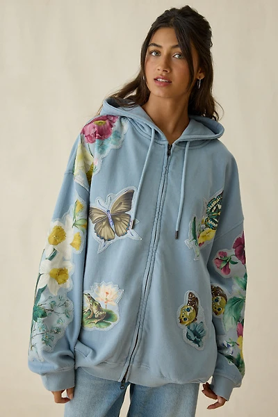 BDG Dusty Blooming Butterflies Patchwork Graphic Oversized Zip-Up Hoodie Sweatshirt