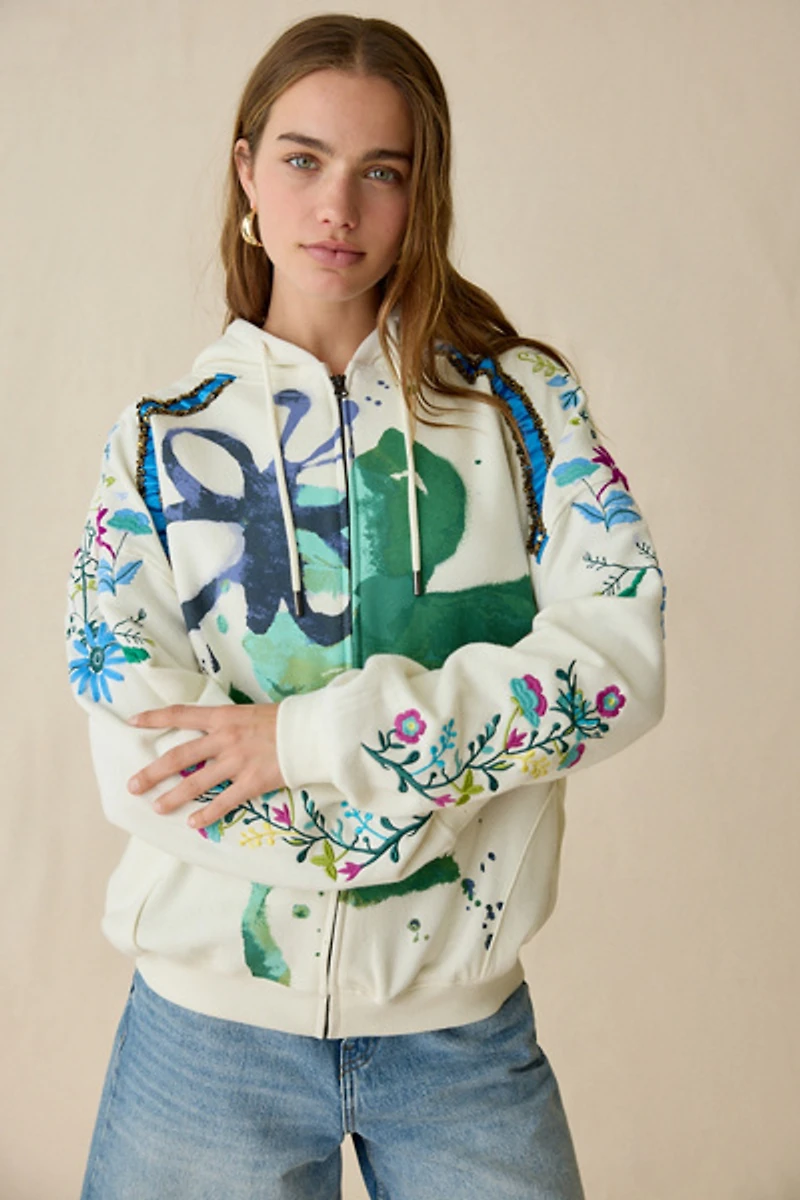 BDG Dusty Embellished Bloom Graphic Oversized Zip-Up Hoodie Sweatshirt