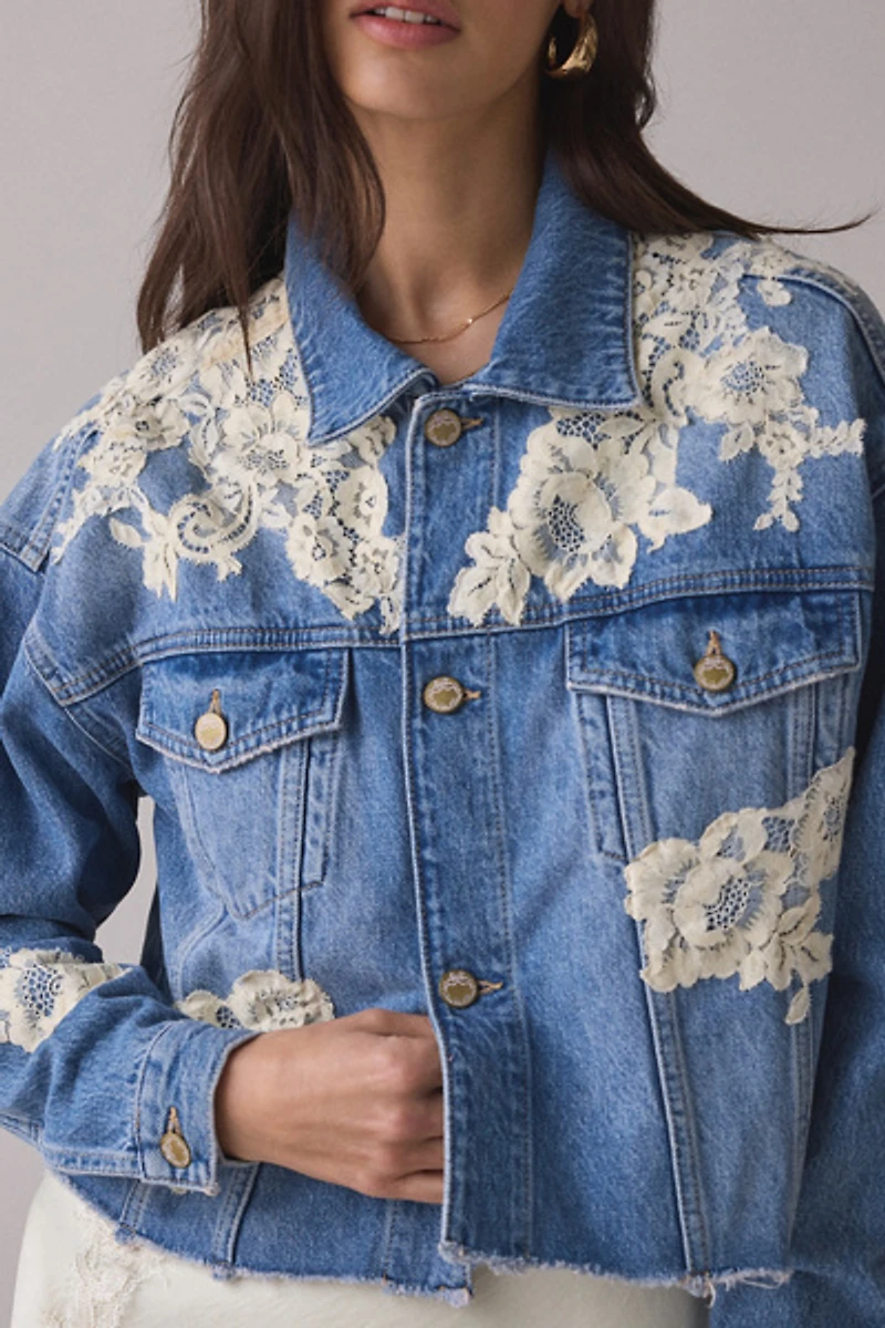 LoveShackFancy Amana Lace Appliqué Denim Jacket