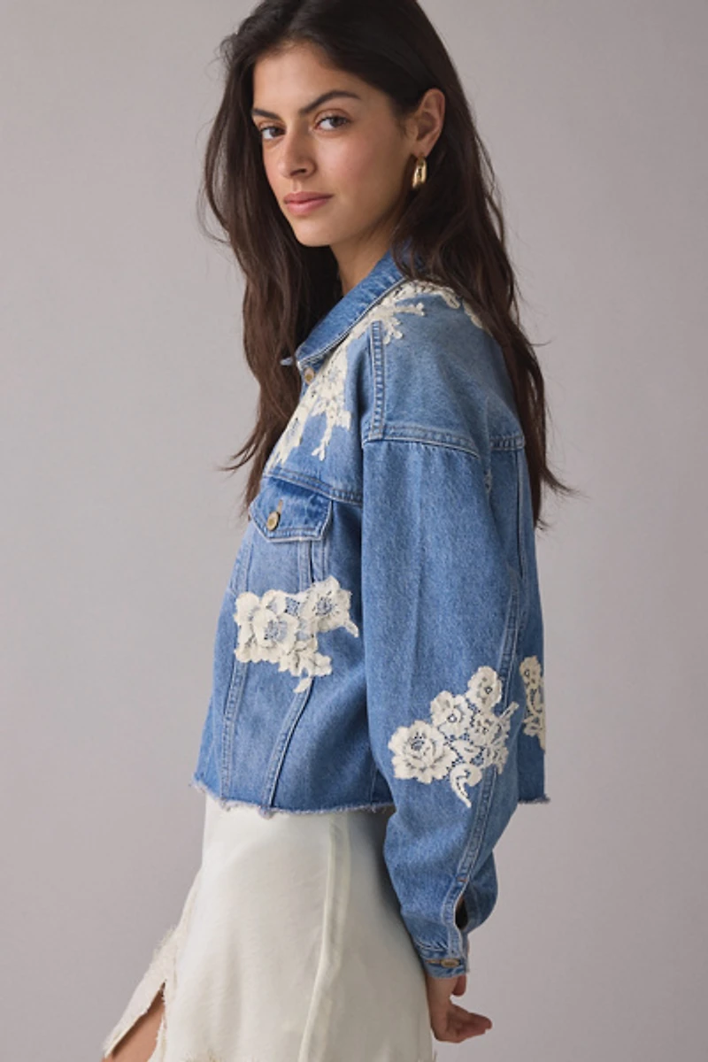 LoveShackFancy Amana Lace Appliqué Denim Jacket