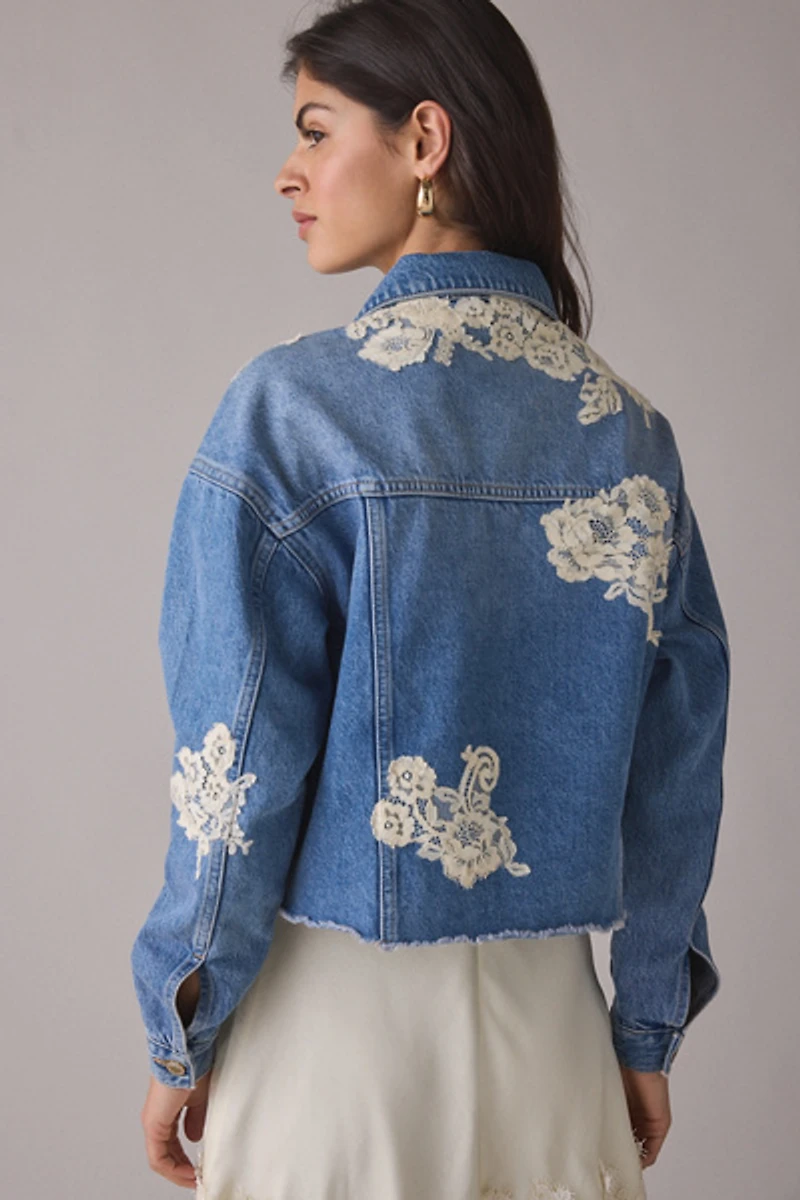 LoveShackFancy Amana Lace Appliqué Denim Jacket