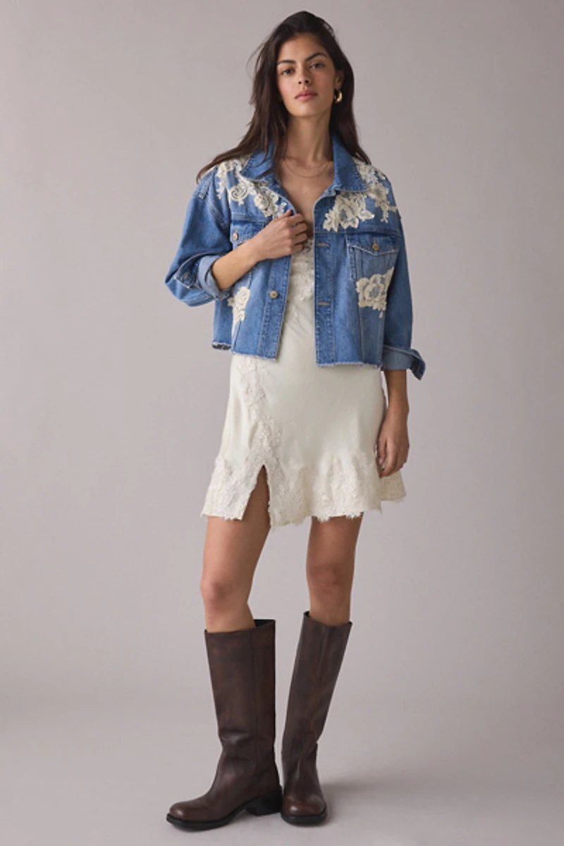 LoveShackFancy Amana Lace Appliqué Denim Jacket