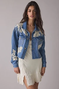LoveShackFancy Amana Lace Appliqué Denim Jacket