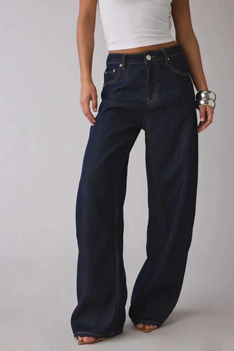 Glamorous Dark Wash Mid-Rise Baggy Barrel Jean