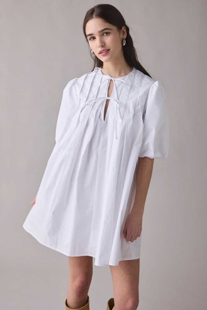 Glamorous Pleated Tie-Front Cotton Mini Dress