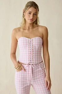 LoveShackFancy Bensen Cotton Gingham Lace-Up Bustier Top
