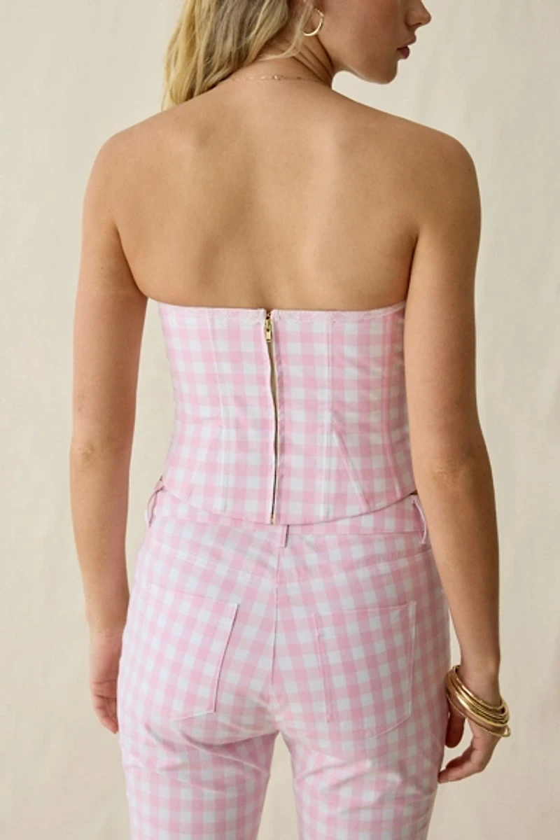 LoveShackFancy Bensen Cotton Gingham Lace-Up Bustier Top