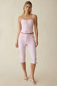 LoveShackFancy Bensen Cotton Gingham Lace-Up Bustier Top