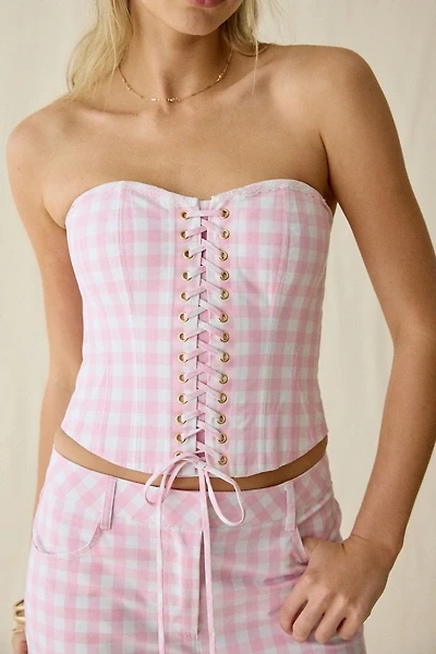 LoveShackFancy Bensen Cotton Gingham Lace-Up Bustier Top