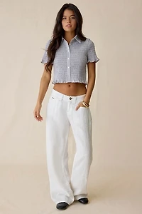 Glamorous Shirred Short Sleeve Button-Down Shirt