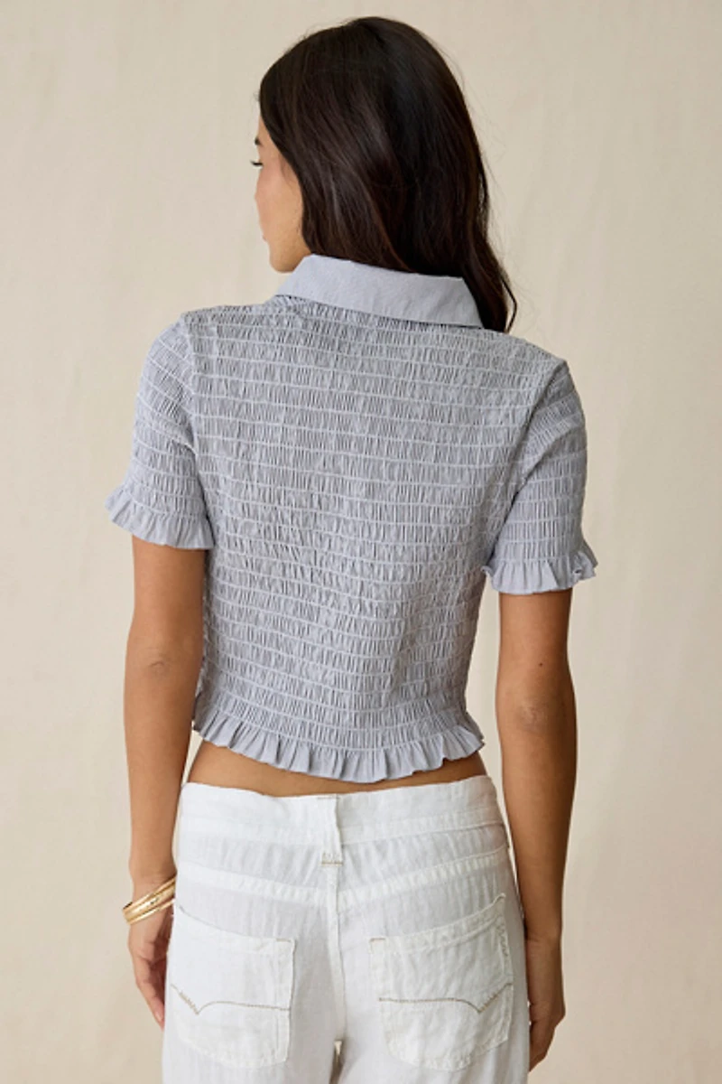 Glamorous Shirred Short Sleeve Button-Down Shirt