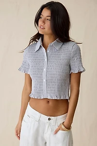 Glamorous Shirred Short Sleeve Button-Down Shirt