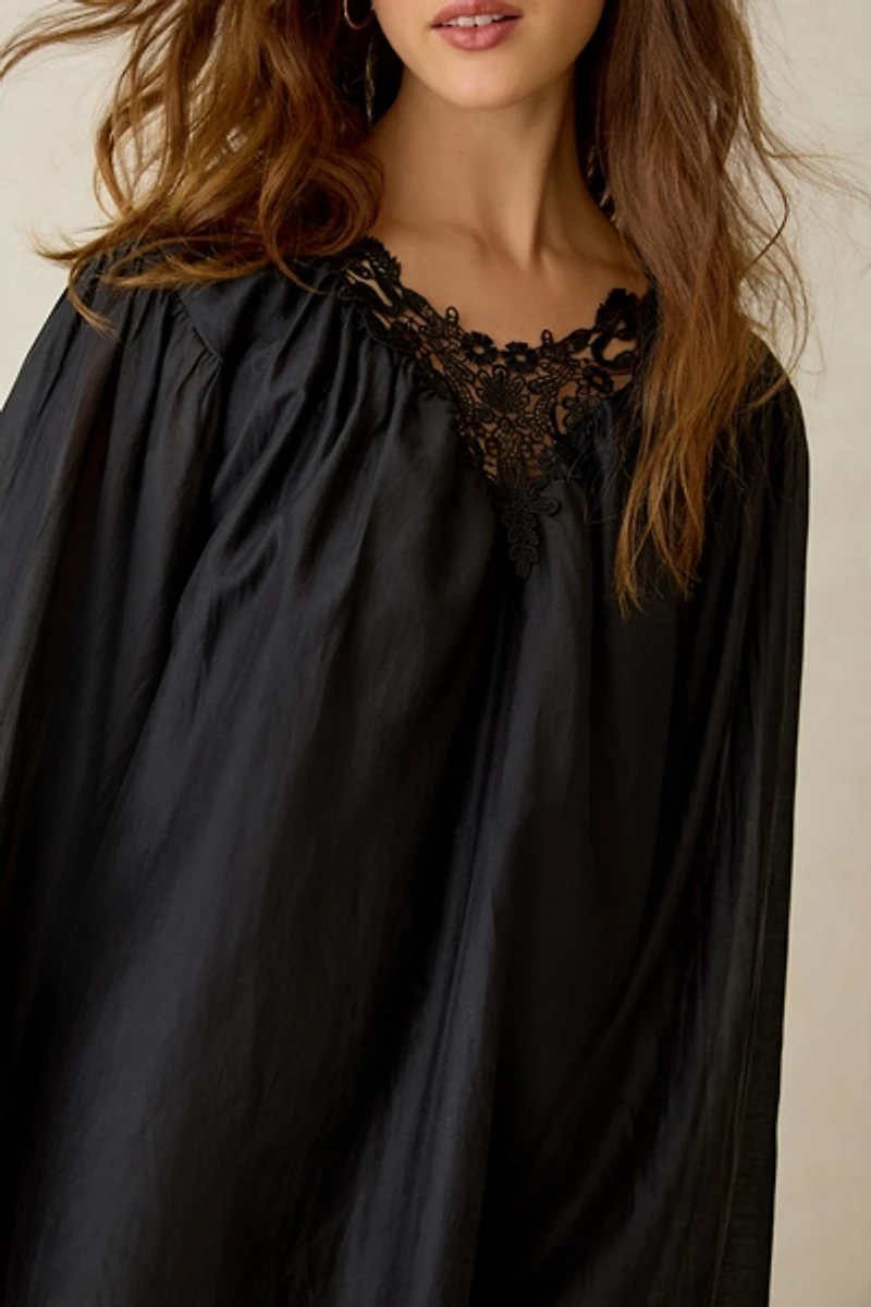 Glamorous Lace Yoke Long Sleeve Trapeze Mini Dress