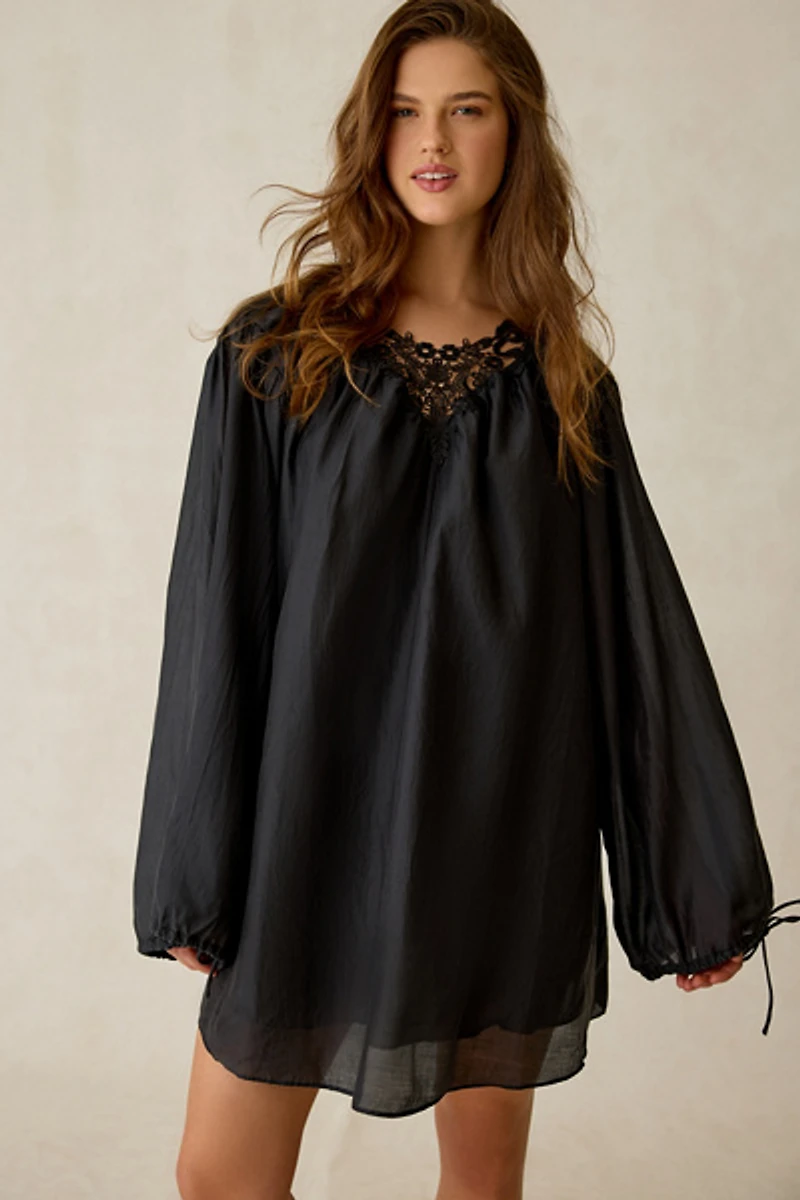 Glamorous Lace Yoke Long Sleeve Trapeze Mini Dress