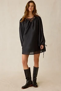 Glamorous Lace Yoke Long Sleeve Trapeze Mini Dress