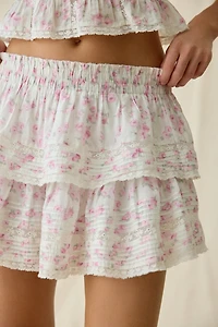 LoveShackFancy Tiered Ruffle Lace Trim Mini Skirt