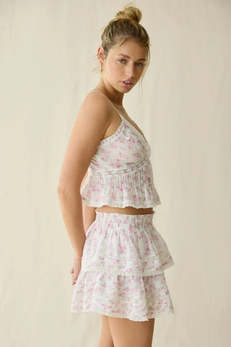 LoveShackFancy Tiered Ruffle Lace Trim Mini Skirt