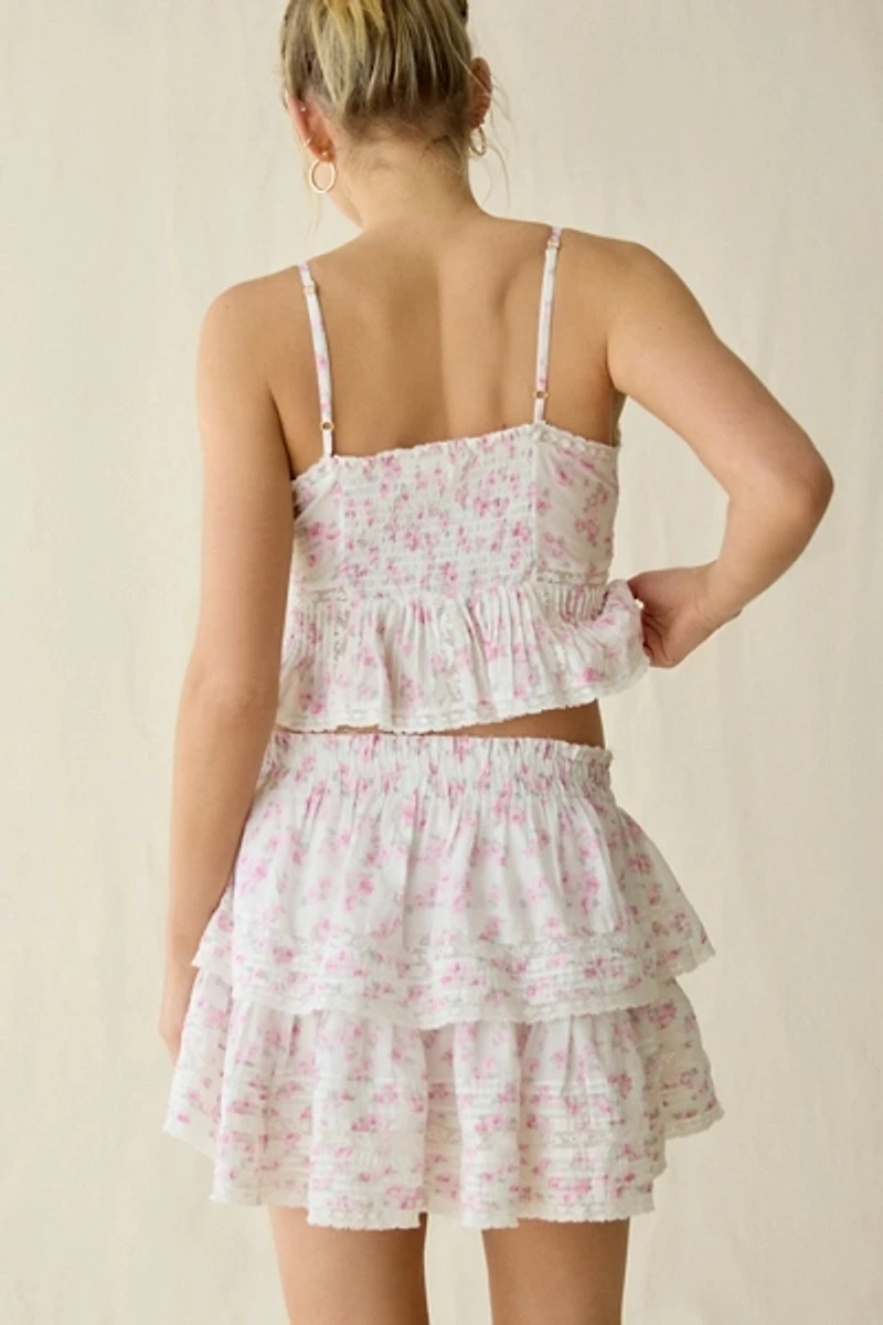 LoveShackFancy Tiered Ruffle Lace Trim Mini Skirt