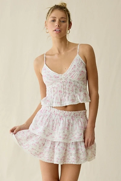 LoveShackFancy Tiered Ruffle Lace Trim Mini Skirt
