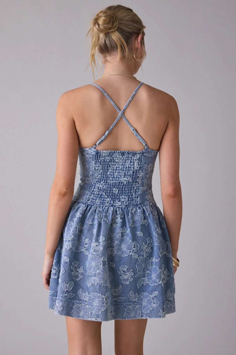 En Saison Opal Floral Jacquard Denim Corset Mini Dress
