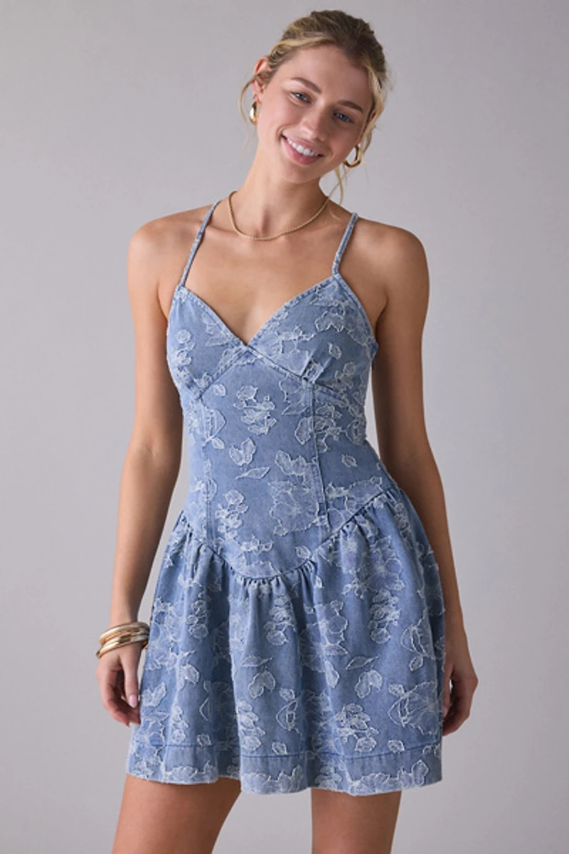 En Saison Opal Floral Jacquard Denim Corset Mini Dress