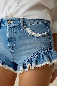 LoveShackFancy Azalure Ruffle Lace Trim Denim Shorts
