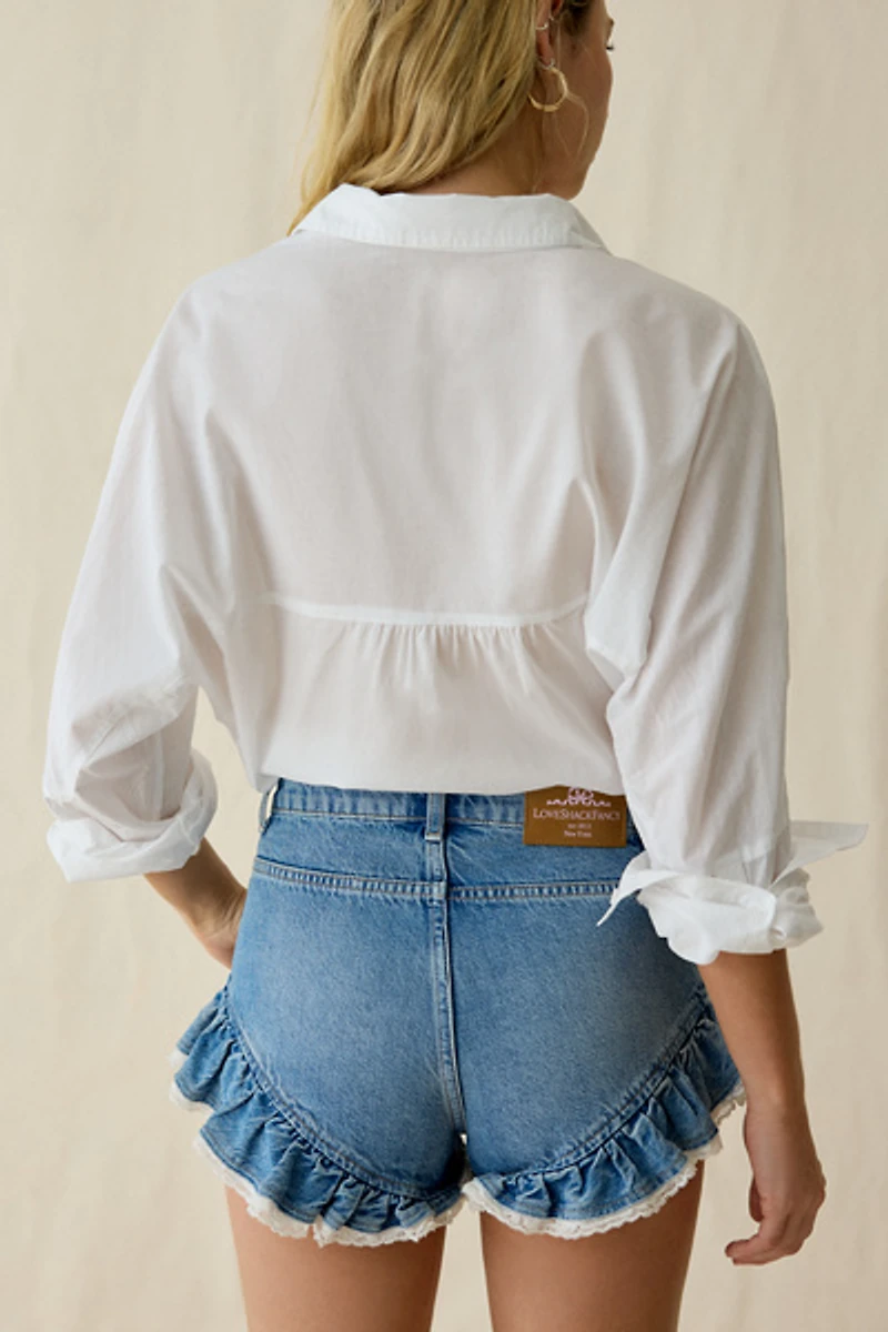 LoveShackFancy Azalure Ruffle Lace Trim Denim Shorts