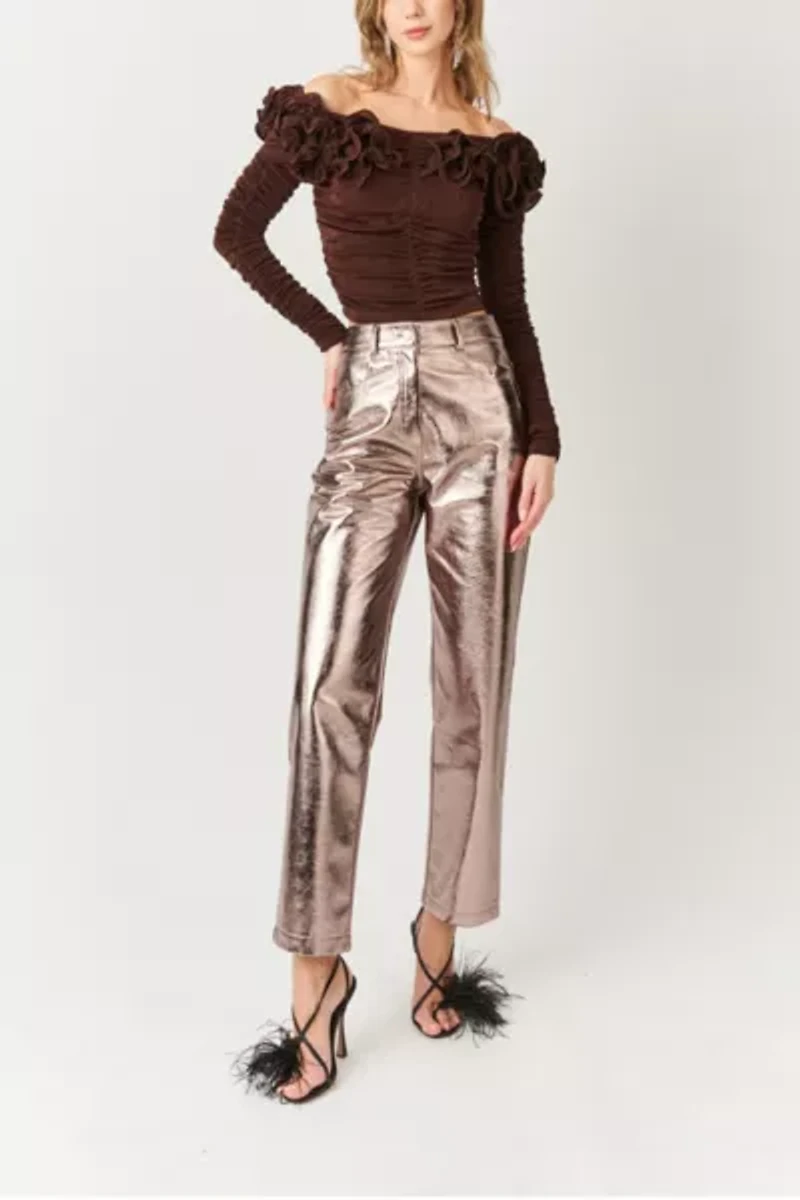 Amy Lynn Yasmine Straight Faux Leather Metallic Pant